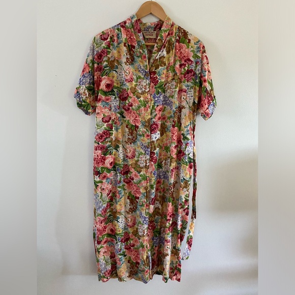 SOLD ELSEWHERE - 80s/90s floral earthy midi shirt dress w/ waist tie - S-L - Picture 7 of 7